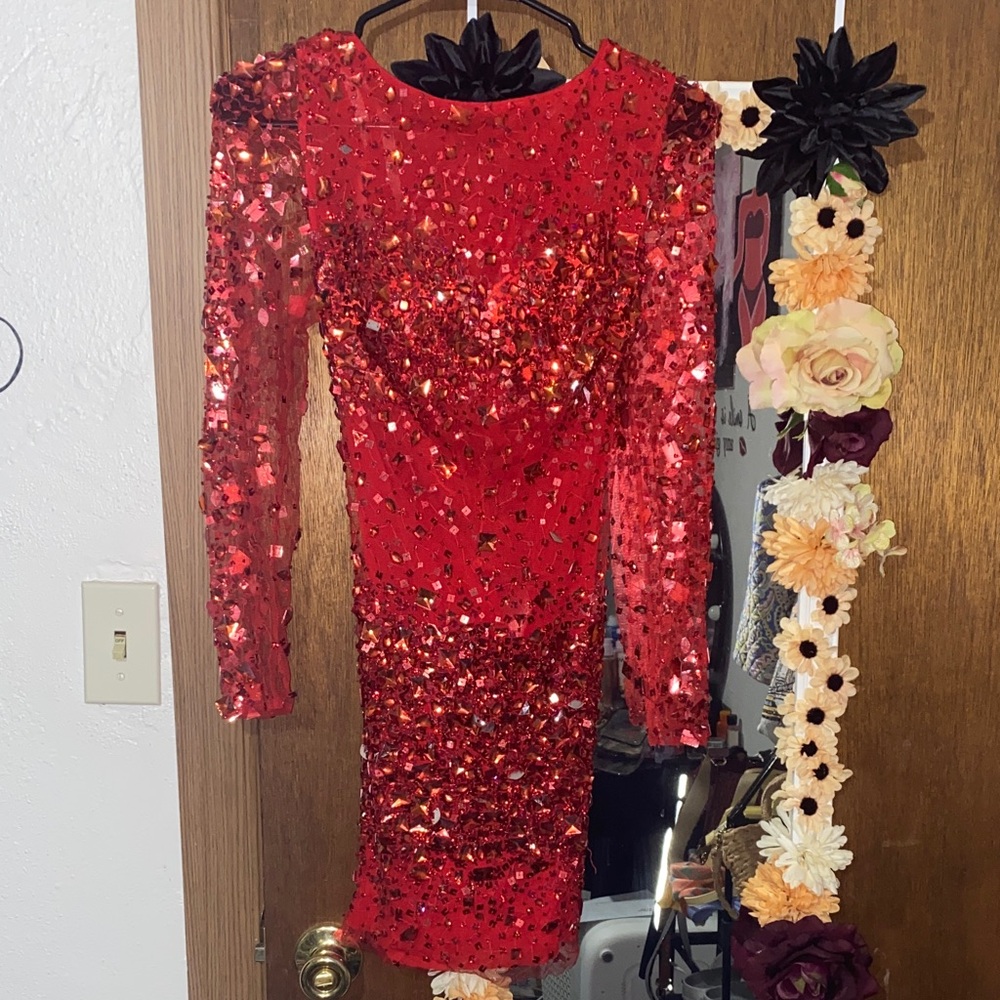 Red Sequin Sheer long sleeve Dress